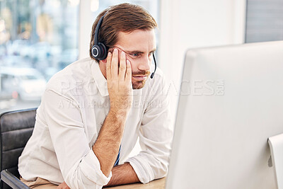 Buy stock photo Call center, stress and sad businessman with burnout from mistake on computer, 404 glitch and fail. Tired sales consultant working on desktop, pc problem and telemarketing error, fatigue and crisis 