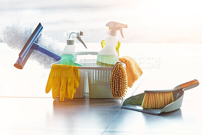 Buy stock photo Product, cleaning or basket with spray, soap or gloves in a container for messy, dirty or dusty bacteria. Spring cleaning, cleaning supplies or liquid soap chemicals in spray bottle for home