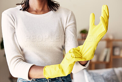 Buy stock photo Cleaning, rubber gloves and hands of woman in living room for hygiene, protection and disinfection. Dirt, dust and bacteria with girl cleaner at home for sanitary, housekeeping and domestic chores
