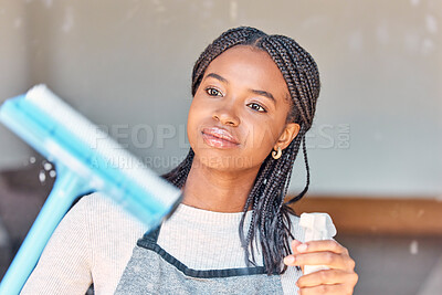 Buy stock photo Cleaning, window and black woman with water for chores, housework and spring cleaning a house. Washing, spray and African cleaner with products for housekeeping, home care and disinfection of glass