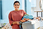 Cleaning, cleaner and woman with laundry, clothes washing and cleaner service, housekeeping and hygiene. Wash fabric, clean and spring cleaning, housework portrait and housekeeper with laundry basket