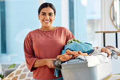 Buy stock photo Cleaning, cleaner and woman with laundry, clothes washing and cleaner service, housekeeping and hygiene. Wash fabric, clean and spring cleaning, housework portrait and housekeeper with laundry basket