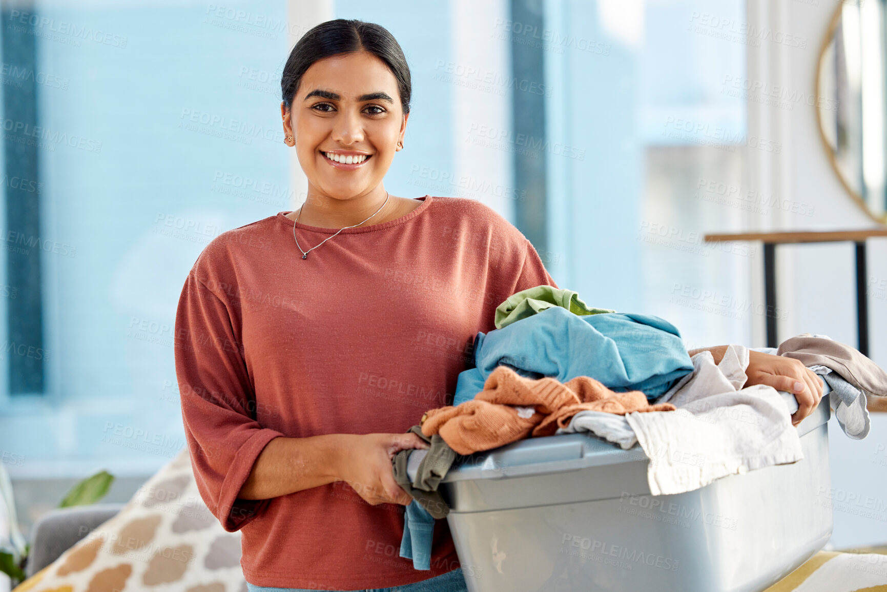 Buy stock photo Cleaning, cleaner and woman with laundry, clothes washing and cleaner service, housekeeping and hygiene. Wash fabric, clean and spring cleaning, housework portrait and housekeeper with laundry basket