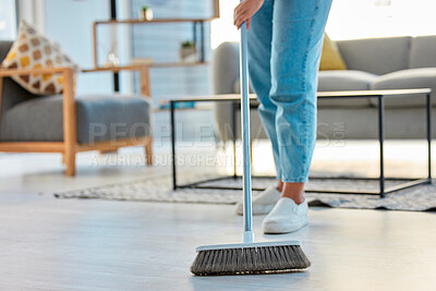 Buy stock photo Cleaning, woman with broom and sweeping living room dirty floor and spring cleaning. Housekeeper, cleaner and housekeeping service or home maintenance for fresh, neat and dust free house or apartment