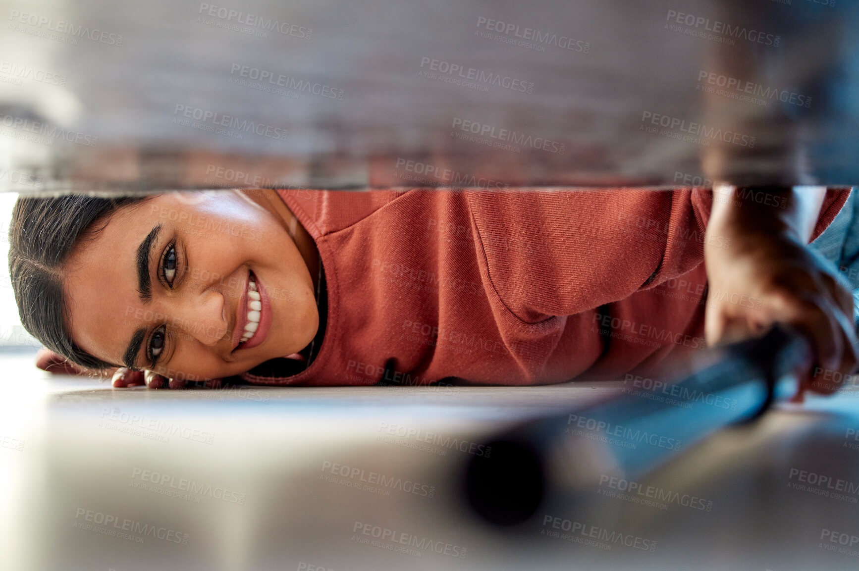 Buy stock photo Woman cleaning under a bed in bedroom with vacuum for the floor to clean dust, dirt or bacteria. Happy, smile and portrait of housewife or maid disinfecting the ground of house while spring cleaning.