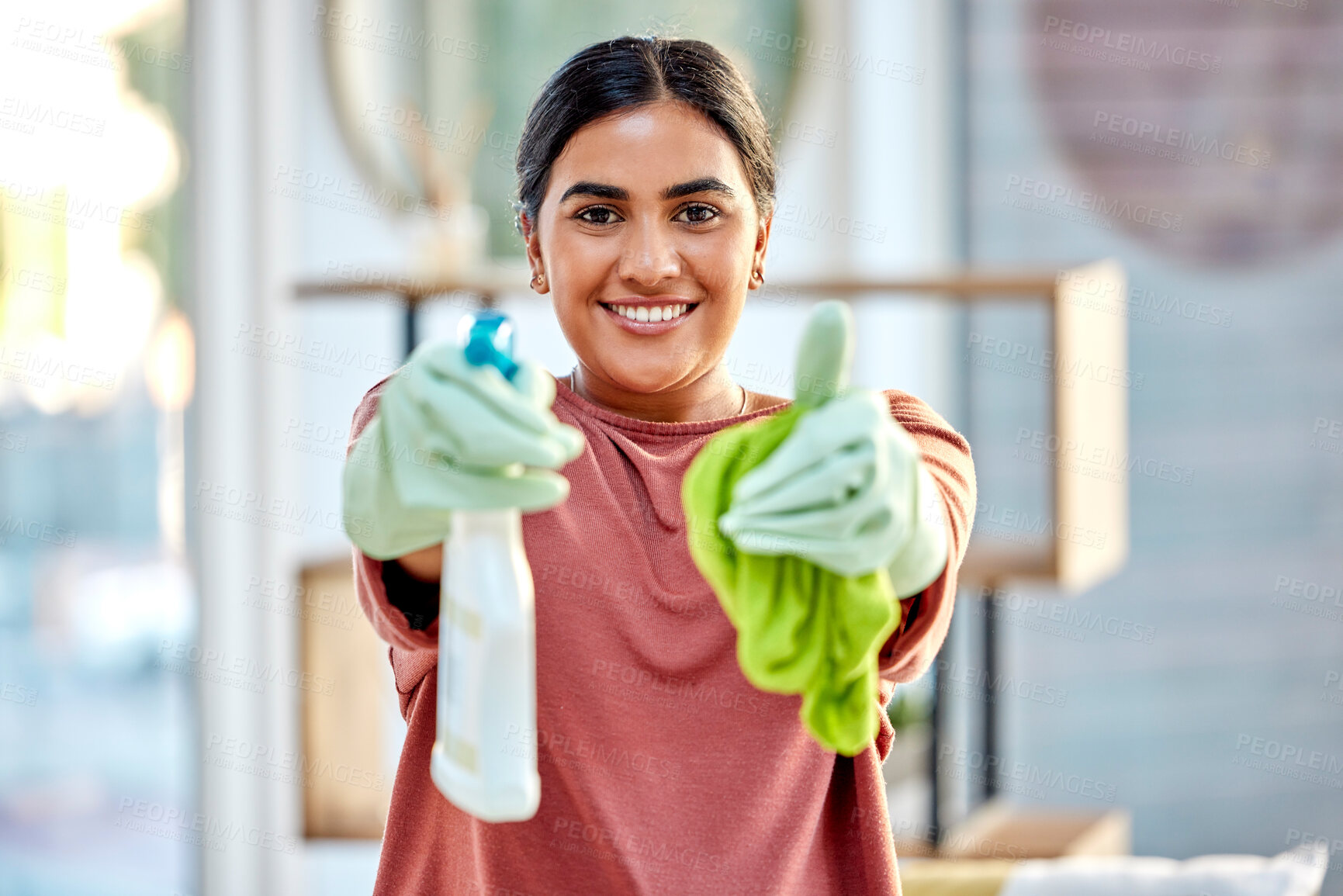 Buy stock photo Woman, portrait smile and detergent with cloth for cleaning, hygiene or house disinfection at home. Happy female cleaner smiling holding spray bottle and fabric for disinfect, wash or housework