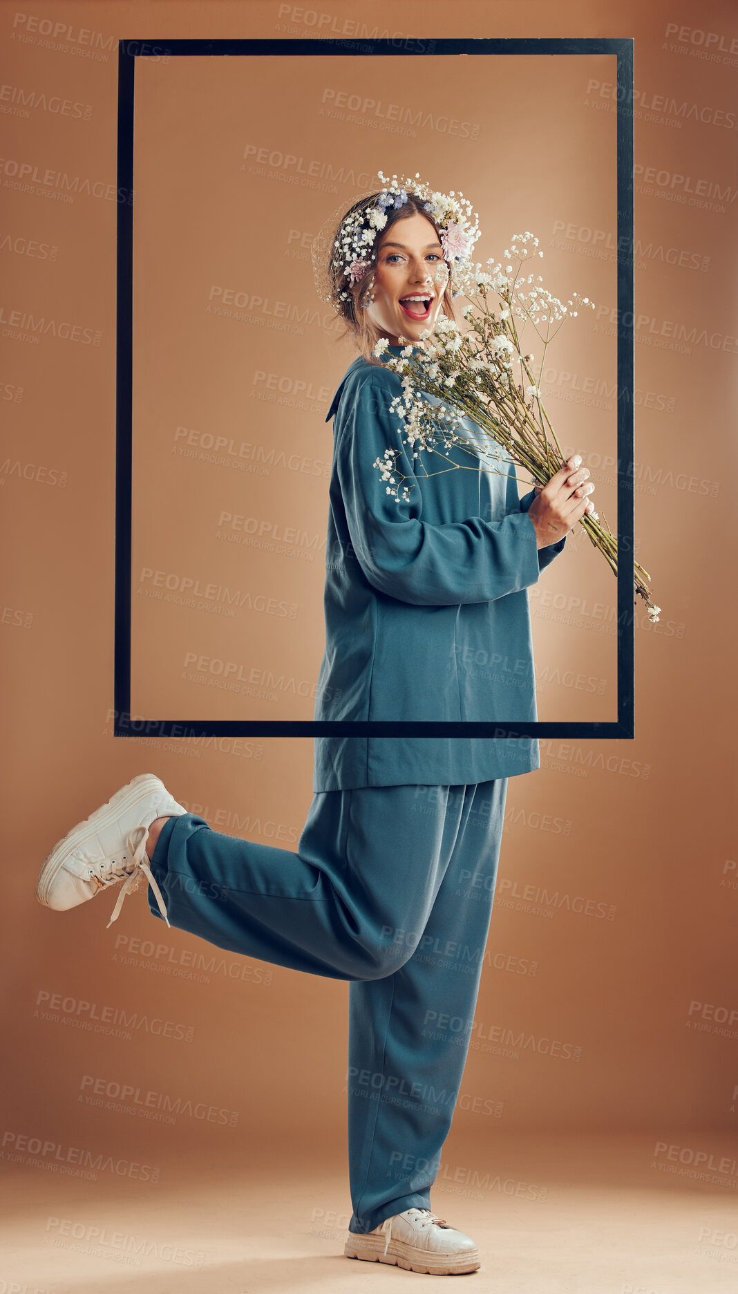Buy stock photo Beauty, flowers and frame portrait of fashion model with floral spring bouquet, creative design or designer brand clothes. Skincare, makeup creativity and woman with luxury style, outfit or cosmetics