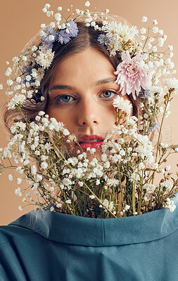 Buy stock photo Woman, beauty portrait or flowers closeup for nature cosmetics, makeup or fashion at studio in spring. Flower crown model, facial plants or natural aesthetic for cosmetic, organic clothes or face art