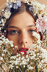 Woman, beauty portrait and flower crown for natural cosmetic, organic wellness and skincare in spring. Model, face and flowers for glow skin, makeup and floral art for cosmetics by studio background