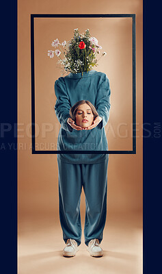 Buy stock photo Woman, fashion or abstract art with flowers on studio background, picture frame or manipulation photography. Beauty model, faceless head or plant bouquet in freedom empowerment or creative aesthetic