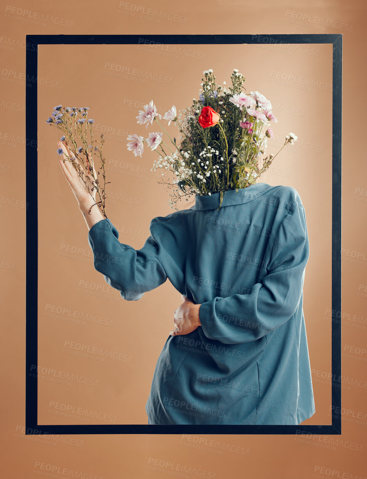 Buy stock photo Flower, abstract and aesthetic woman in art deco frame for fashion, floral and surrealism for pop art studio background. psychedelic model with blossom for fashion, creativity and nature energy style