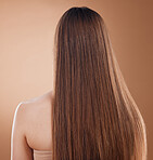 Hair care, beauty and back of woman in studio isolated on a brown background. Hair style, balayage and female model with long and healthy hair after luxury salon treatment for growth and texture.