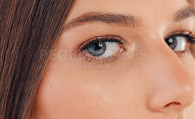 Buy stock photo Woman, face or skincare glow and blue eyes for vision, cybersecurity innovation for retina scan ideas for future ai. Zoom, portrait or texture for model eyebrows, eyelashes or facial makeup cosmetics