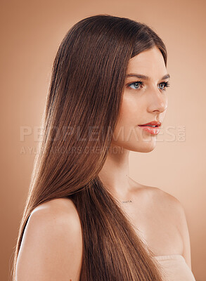 Buy stock photo Woman, face or skincare glow and hair style, keratin treatment or dermatology healthcare on studio background. Beauty model, brunette color or facial makeup cosmetics in texture wellness or collagen