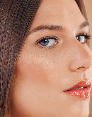 Buy stock photo Makeup, beauty and face of a woman for cosmetics marketing, spa skincare and self care against a studio background. Luxury zoom, dermatology and portrait of a model with cosmetic wellness and glow