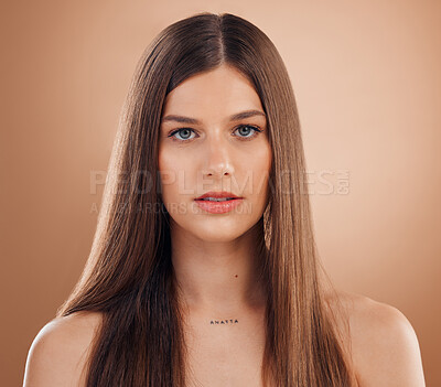 Buy stock photo Hair care, beauty and face of aesthetic woman on studio background for cosmetics, makeup and shampoo product for healthy scalp. Portrait Spain female with glow, growth and strong brunette hairstyle