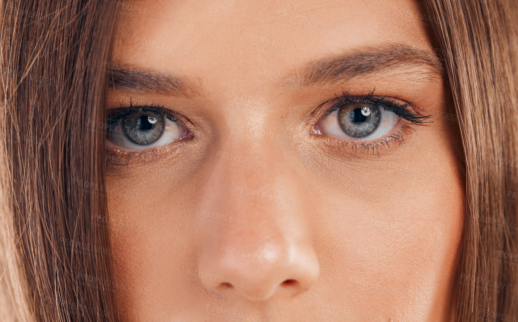 Buy stock photo Woman, eyes and face in vision for sight, beauty or awareness staring with facial cosmetics or makeup. Closeup portrait of female looking in eyesight, skincare or microblading eyebrows and eyelashes
