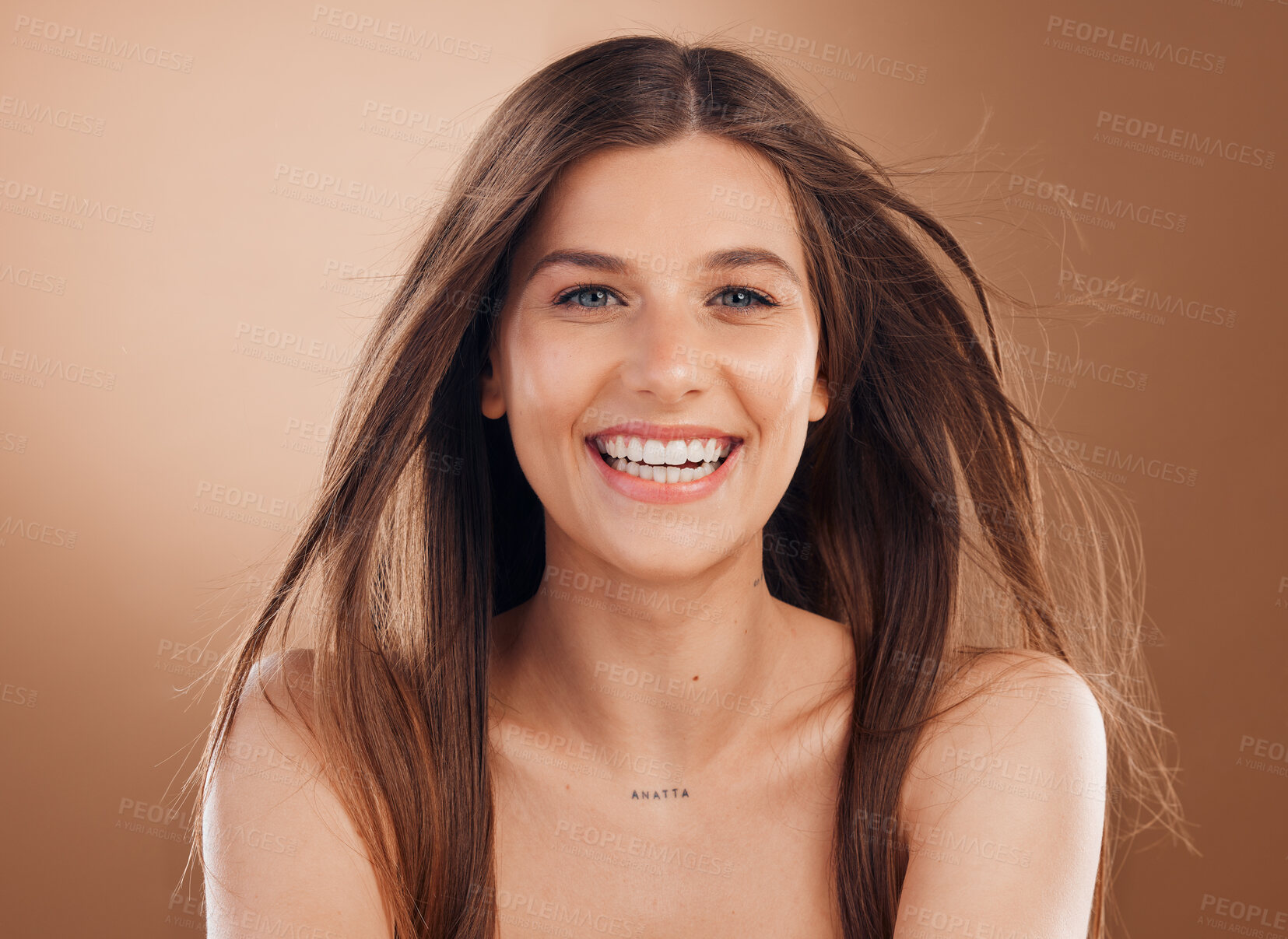 Buy stock photo Beauty, smile and face of aesthetic woman happy about makeup, cosmetics and hair care on a studio background for happiness, glow and teeth. Portrait of Canada female model after facial skin treatment