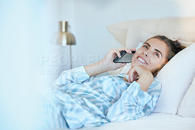 Buy stock photo Phone call, bedroom and woman talking in home in the morning after waking up. Smile, mobile and happy female in bed smiling while speaking, discussion or chatting with contact on smartphone in house.