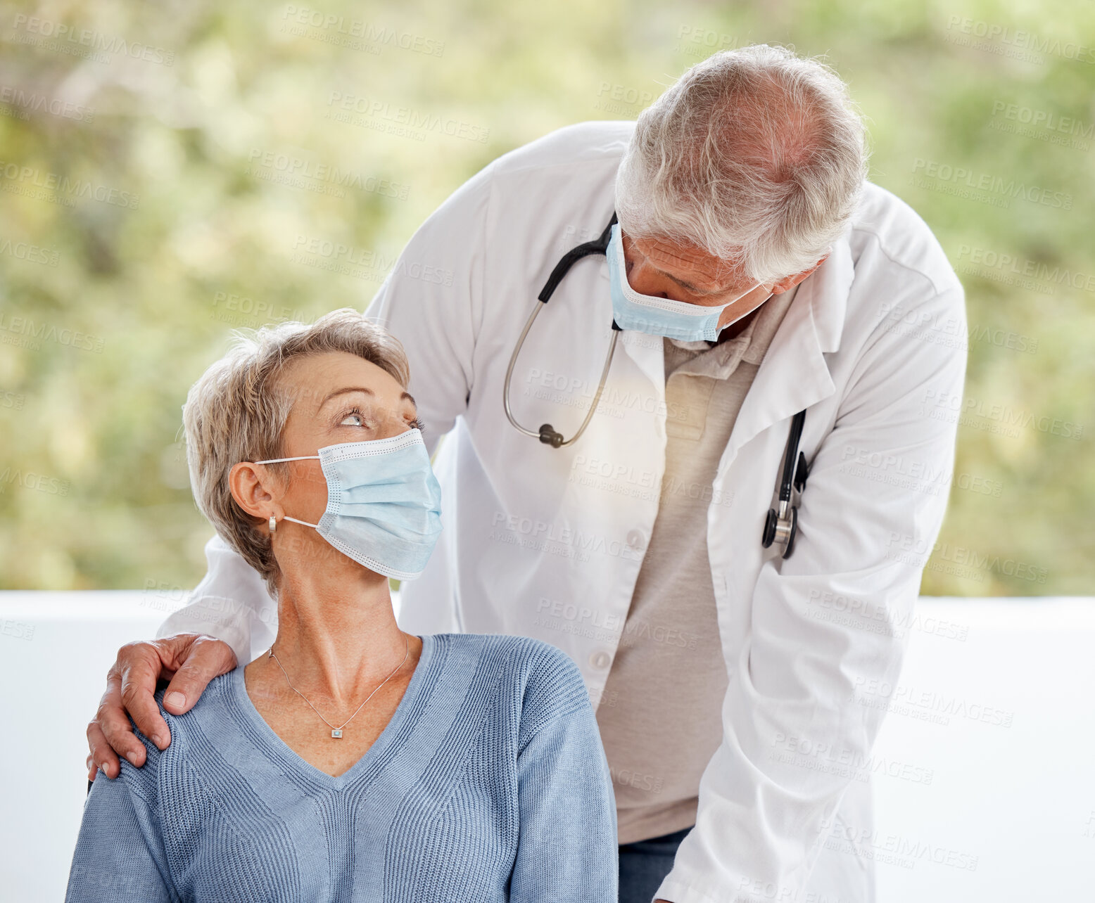 Buy stock photo Covid mask, elderly doctor and woman patient in a medical consultation in a hospital office. Healthcare, nurse and senior wellness consulting employee with support and care for health and insurance
