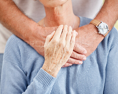 Buy stock photo Senior couple, holding hands and support close up for trust, care and retirement wellness together. Elderly man, woman and counseling gratitude, safety and relax quality time bonding in nursing home
