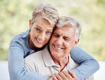 Senior couple, love or bonding hug in house or Canada home in life insurance security, trust or support. Portrait, smile or happy retirement elderly, man or woman in embrace on marriage anniversary