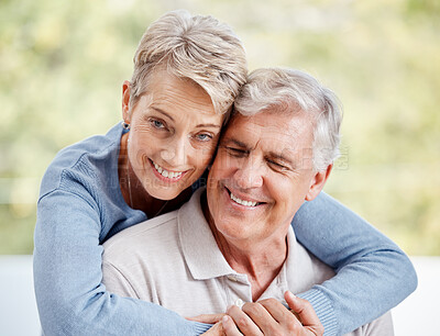 Buy stock photo Senior couple, love or bonding hug in house or Canada home in life insurance security, trust or support. Portrait, smile or happy retirement elderly, man or woman in embrace on marriage anniversary