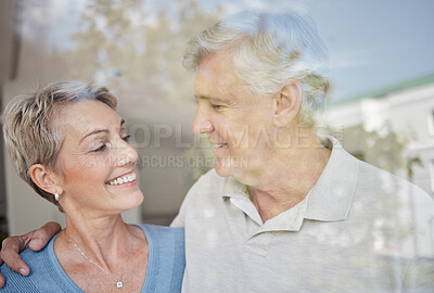 Buy stock photo Love, hug and window with senior couple, smile and retirement for bonding, romance and relationship. Romantic, man and woman embrace, marriage and happiness for intimate quality time and glass.