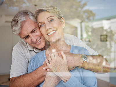 Buy stock photo Love, window and senior couple hug, happy and bonding together for marriage, wellness and smile. Romantic, mature male and elderly female embrace, loving for anniversary and enjoy retirement at home.