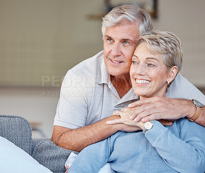 Buy stock photo Relax, love and happy with old couple on sofa for peace, marriage and affectionate together. Retirement, bonding and embracing with man and woman in living room of home for happiness, lounge and hug