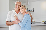 Happy, couple and elderly with love and care in family home, smile with retirement, marriage and together in embrace. Man, woman and senior portrait with happiness, partner and bonding while retired.