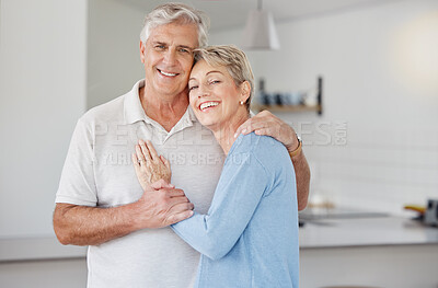 Buy stock photo Happy, couple and elderly with love and care in family home, smile with retirement, marriage and together in embrace. Man, woman and senior portrait with happiness, partner and bonding while retired.