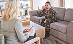 Army, psychology and angry with soldier in therapy shouting for military, war or veteran counseling. Help, support and healing with therapist and woman on sofa for consulting, mental health or trauma