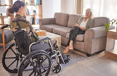Buy stock photo Soldier woman, wheelchair and therapist in talk, rehabilitation or support for war trauma. Psychologist, therapy or military officer for mental health, disability or communication for pain in Ukraine