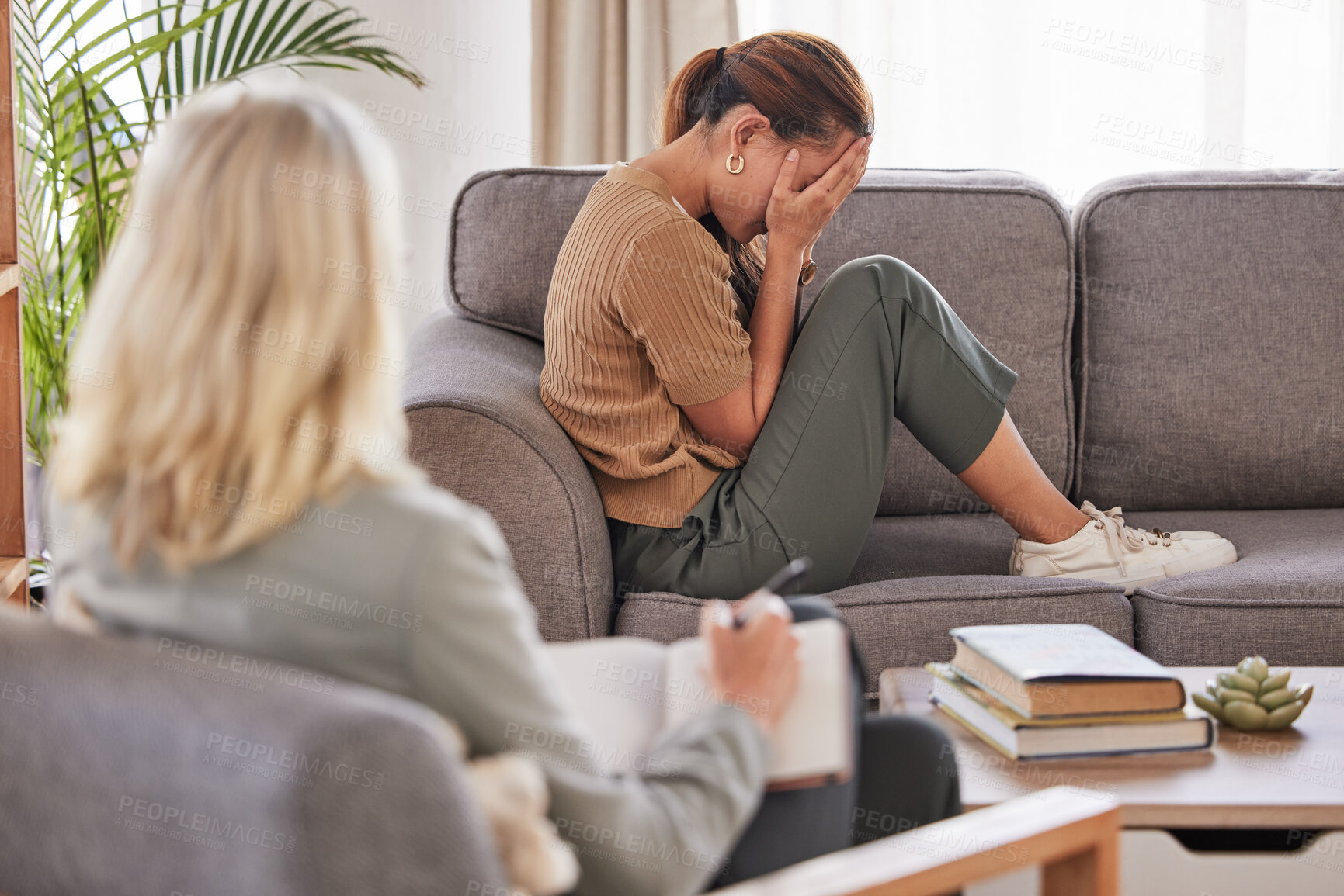 Buy stock photo Woman, psychology and crying in therapy for mental health, stress and anxiety risk. Depression, crisis and sad patient in tears at psychologist, therapist or counseling support, help and consultation