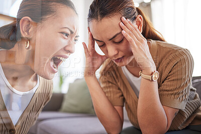 Buy stock photo Woman, anxiety and depression on sofa with headache, reflection and shout with pain in home. Depressed girl, mental health and frustrated while angry, sad and sitting on couch at house in Los Angeles