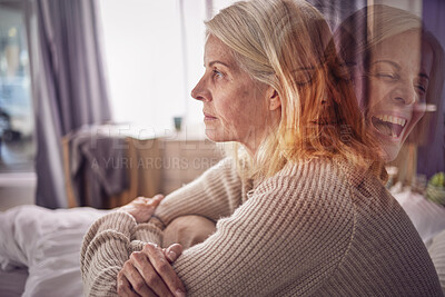 Buy stock photo Depression, psychology and bipolar woman on sofa with split personality issue, problem and medical condition. Mental health, anxiety and exposure of faces of senior female with moods, fear and crisis