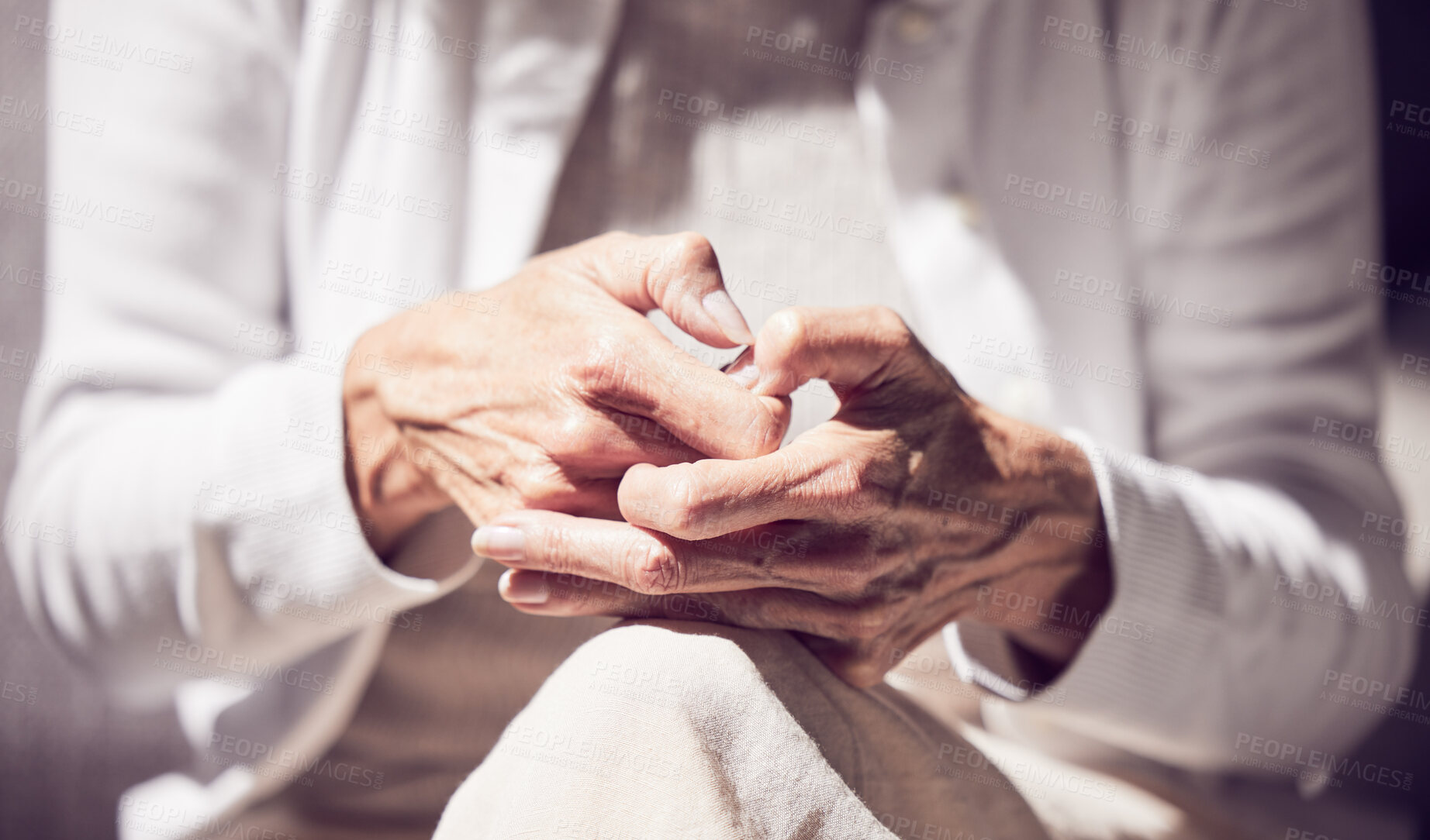 Buy stock photo Anxiety, grief and hands of a senior woman in a therapy session for loss, mental health and support. Hope, counseling and elderly lady pensioner in retirement getting help at psychology rehab center.