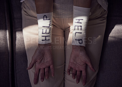Buy stock photo Help, suicide and arm bandage on woman with depression, mental health or anxiety. Top view, closeup and wrist cover of self harm, injury and helping depressed patient stop psychology crisis of trauma