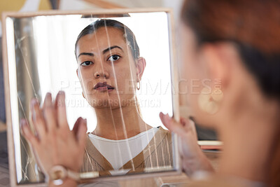 Buy stock photo Broken mirror, bipolar woman and reflection of anxiety, depression or psychology, identity crisis or schizophrenia. Depressed face, sad girl and cracked mirror with mental health, problem and persona