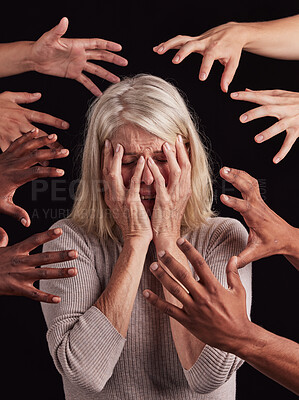 Buy stock photo Senior woman, hands or mental health stress on black background in studio with guilt, fear or schizophrenia disorder. Scared, depression or anxiety retirement elderly with psychology bipolar burnout