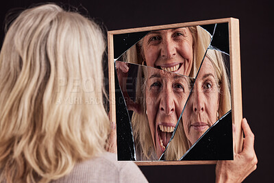 Buy stock photo Bipolar woman, broken mirror or reflection of anxiety, depression or psychology, identity crisis or schizophrenia. Depressed face, sad or mature female with mental health, problem or black background