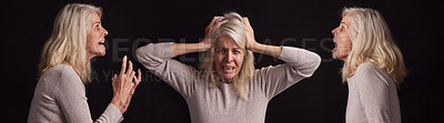 Buy stock photo Bipolar, mental health and woman scream on composite black background for schizophrenia, crazy face and identity crisis. Depression, psychology and lady hearing voice in her mind from trauma anxiety