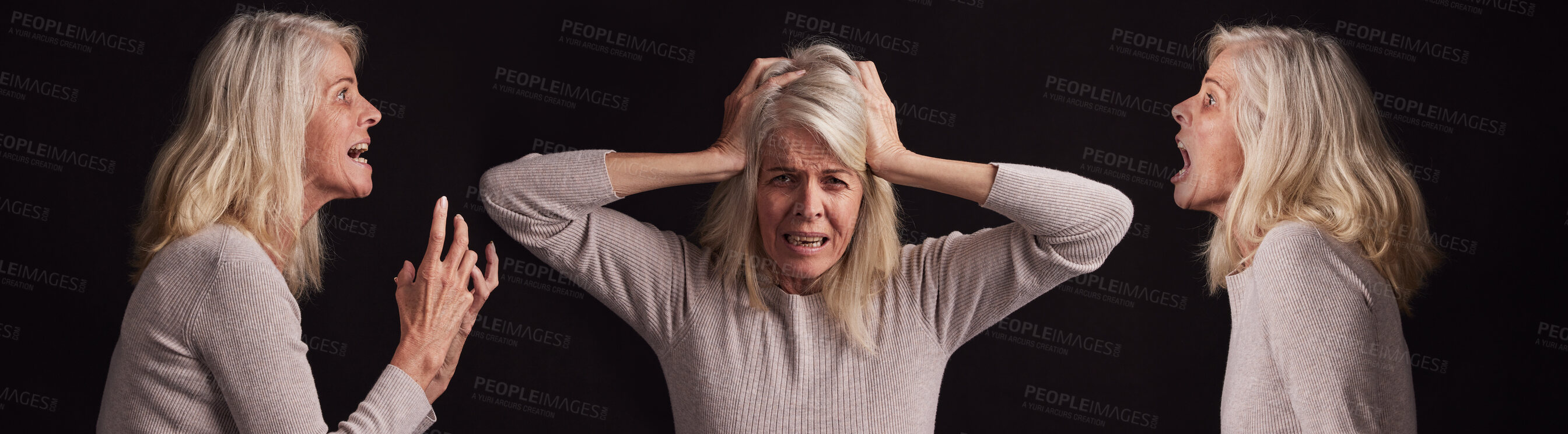 Buy stock photo Bipolar, mental health and woman scream on composite black background for schizophrenia, crazy face and identity crisis. Depression, psychology and lady hearing voice in her mind from trauma anxiety