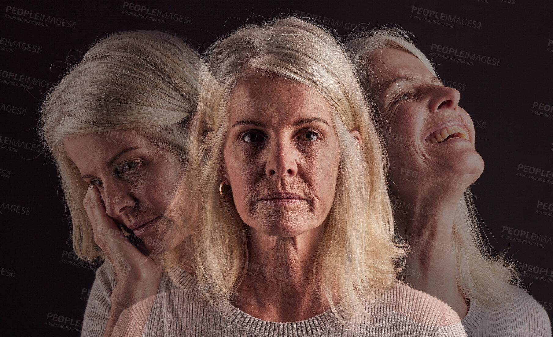 Buy stock photo Senior woman, bipolar or mental health for depression, psychology or mood swings. Mature female, depressed or schizophrenia with identity crisis, trauma anxiety or problem with portrait, sad or smile