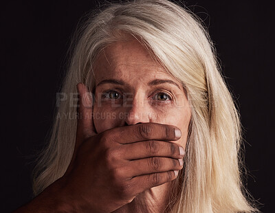 Buy stock photo Woman, portrait and hand on mouth for silence, abuse or violence for danger, depression or fear in studio. Black man, force hands or stress on face for horror, domestic violence or sexual harassment