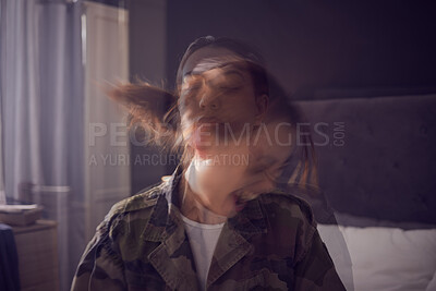Buy stock photo Stress, depression and double exposure of woman in bedroom screaming from psychological trauma in house. Depressed, bipolar and mental health problem of asian girl at home frustrated with ptsd.