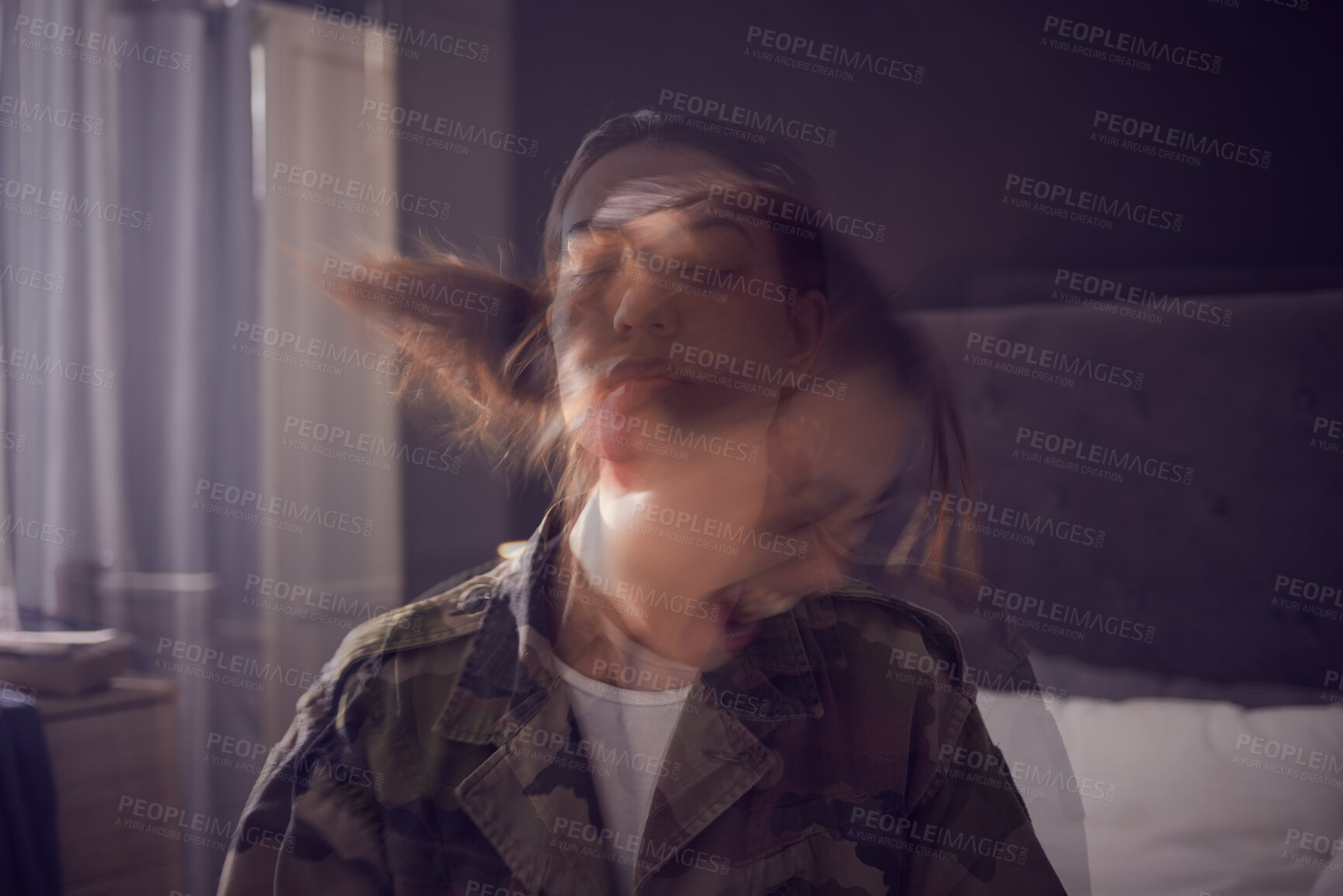 Buy stock photo Stress, depression and double exposure of woman in bedroom screaming from psychological trauma in house. Depressed, bipolar and mental health problem of asian girl at home frustrated with ptsd.