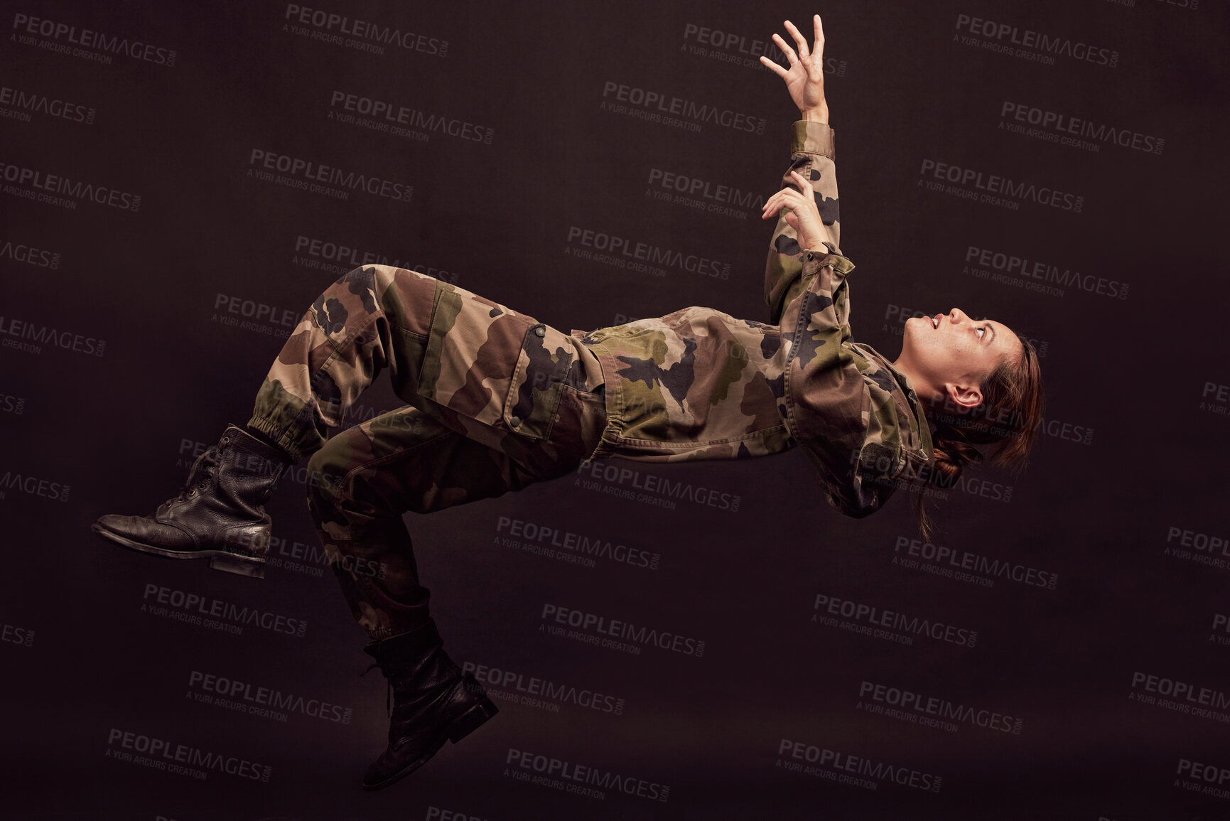 Buy stock photo Anxiety, soldier and woman in studio for war ptsd, nightmare and horror, mental health and depression on black background. Military, flashback and girl in army crisis, trauma and fall Ukraine veteran