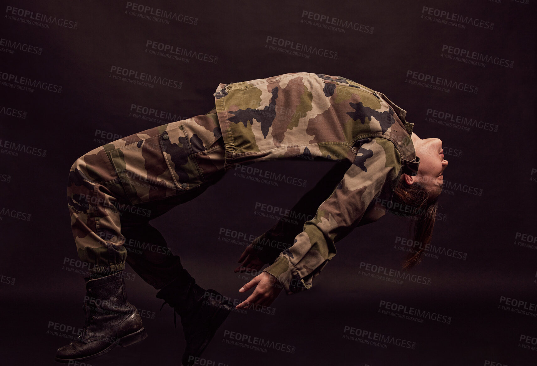 Buy stock photo Military soldier, army woman and depression on a dark studio background for mental health, stress and anxiety problem for trauma. Female in camouflage clothes for art deco of PTSD and psychology